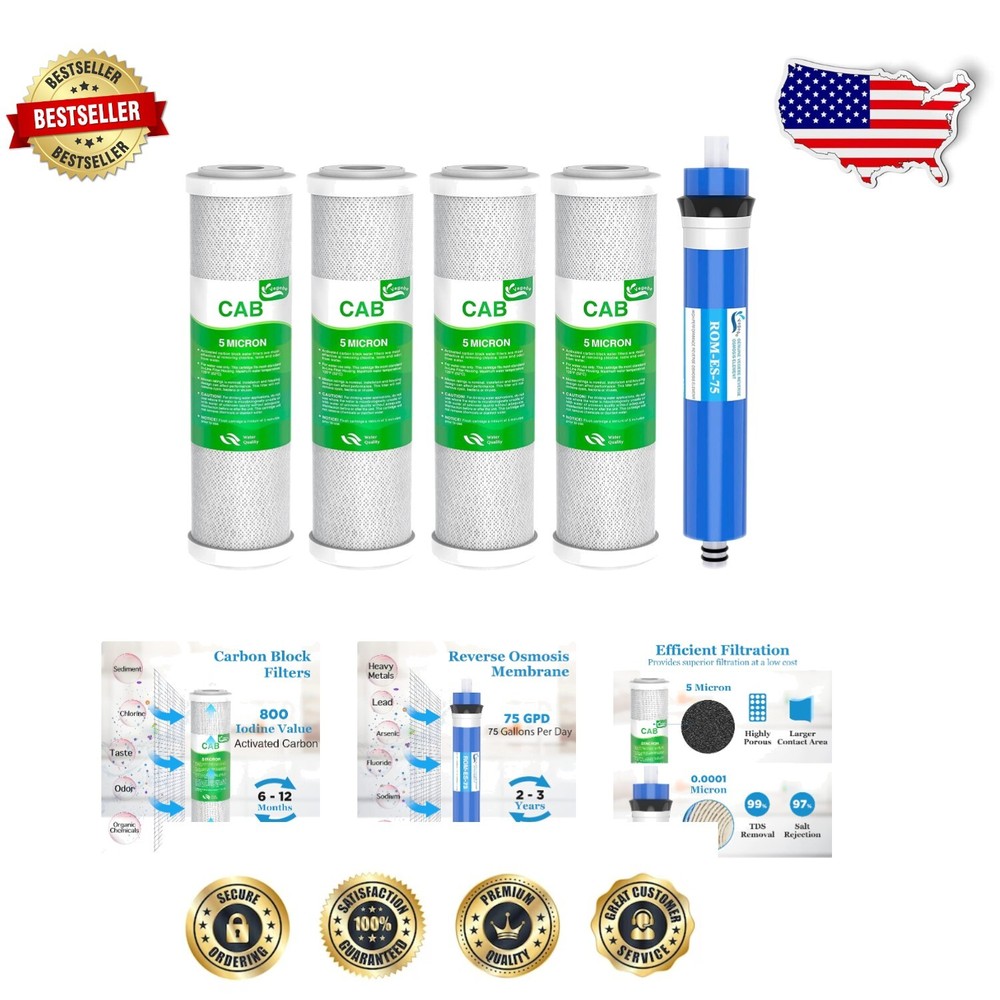 Combo Pack FX12P & FX12M RO Water Filters - 4 Carbon + 1 Membrane, NSF Certified