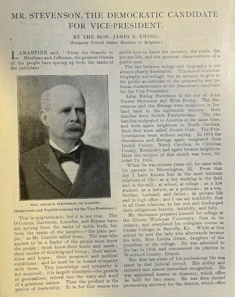 1900 Adlai R. Stevenson Democratic Candidate for President illustrated