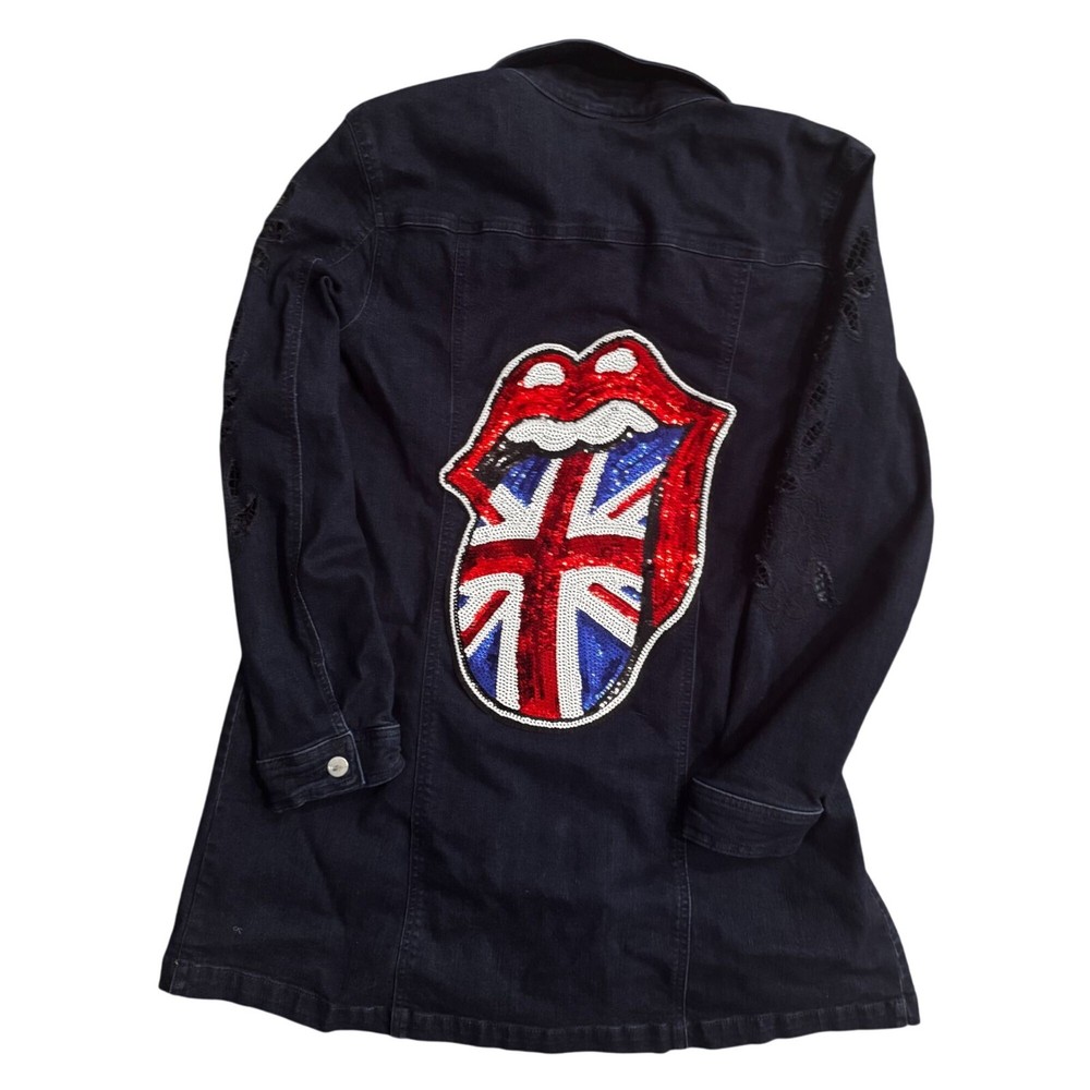 Westport Duster Denim Jacket Women XL Union Jack Sequin Patch Cut Out Embroidery