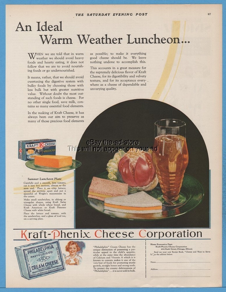 1929 Kraft Phenix American Cheese Philadelphia Cream Summer Luncheon Plate Vintage Ad