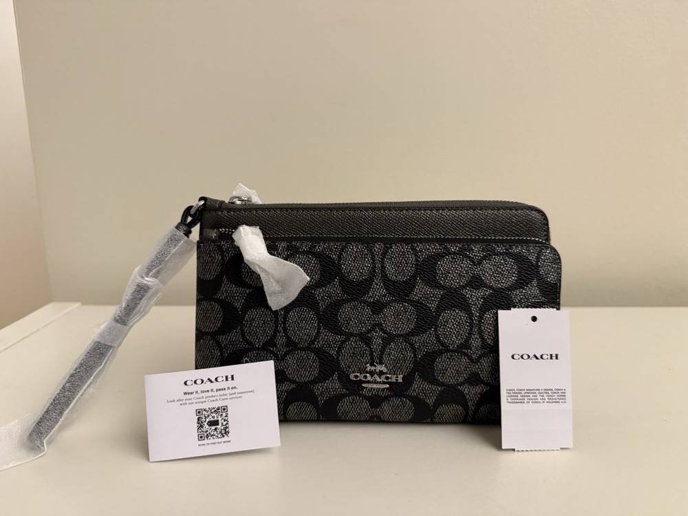 Coach Double Zip Wallet - Black Signature Canvas & Silver Hardware NWT