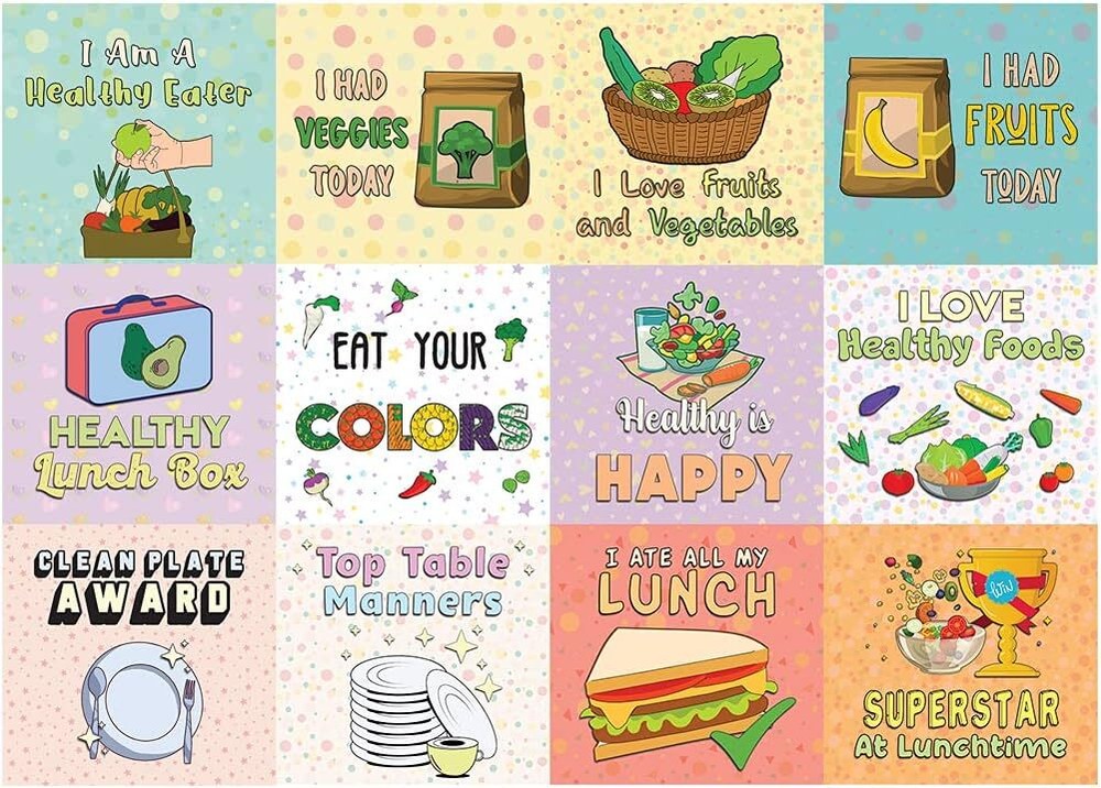 5 Sets of 12 Healthy Lunchbox Sticker Designs for Kids and Adults