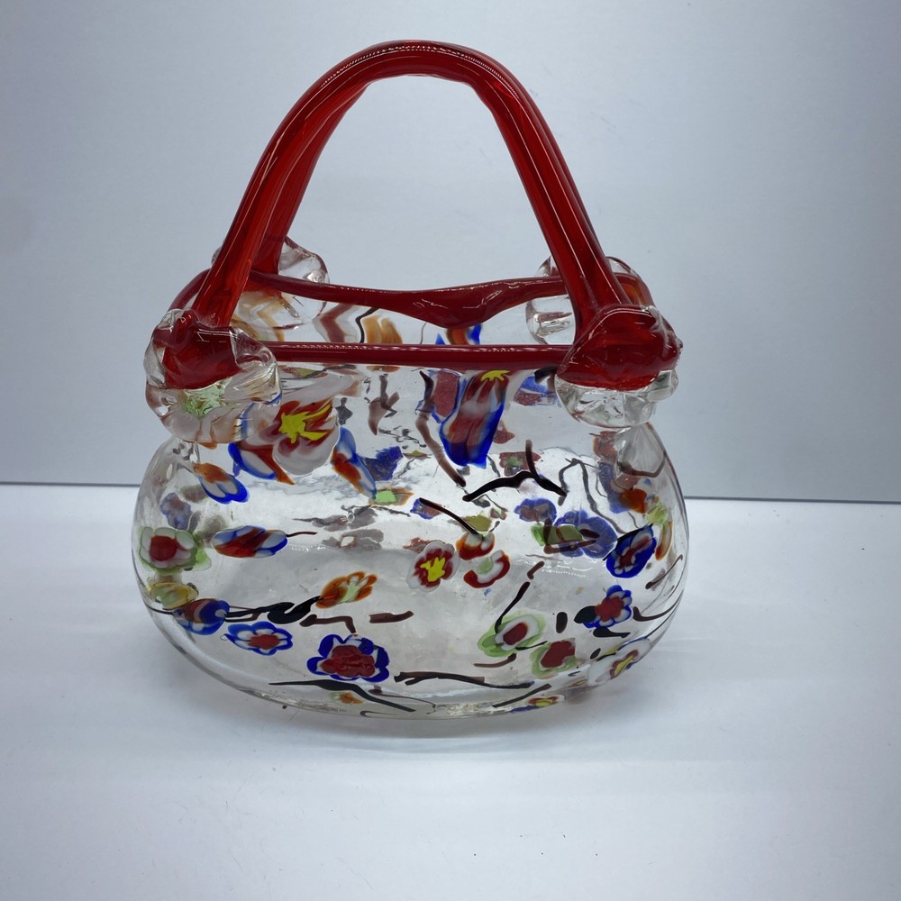 Murano style Millefiori Red Art Glass Purse Venetian style Blown Vase Mint Cond