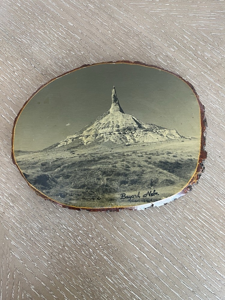 Vintage Western Nebraska Chimney Rock Photo on Wood Slice Rustic Wall Art