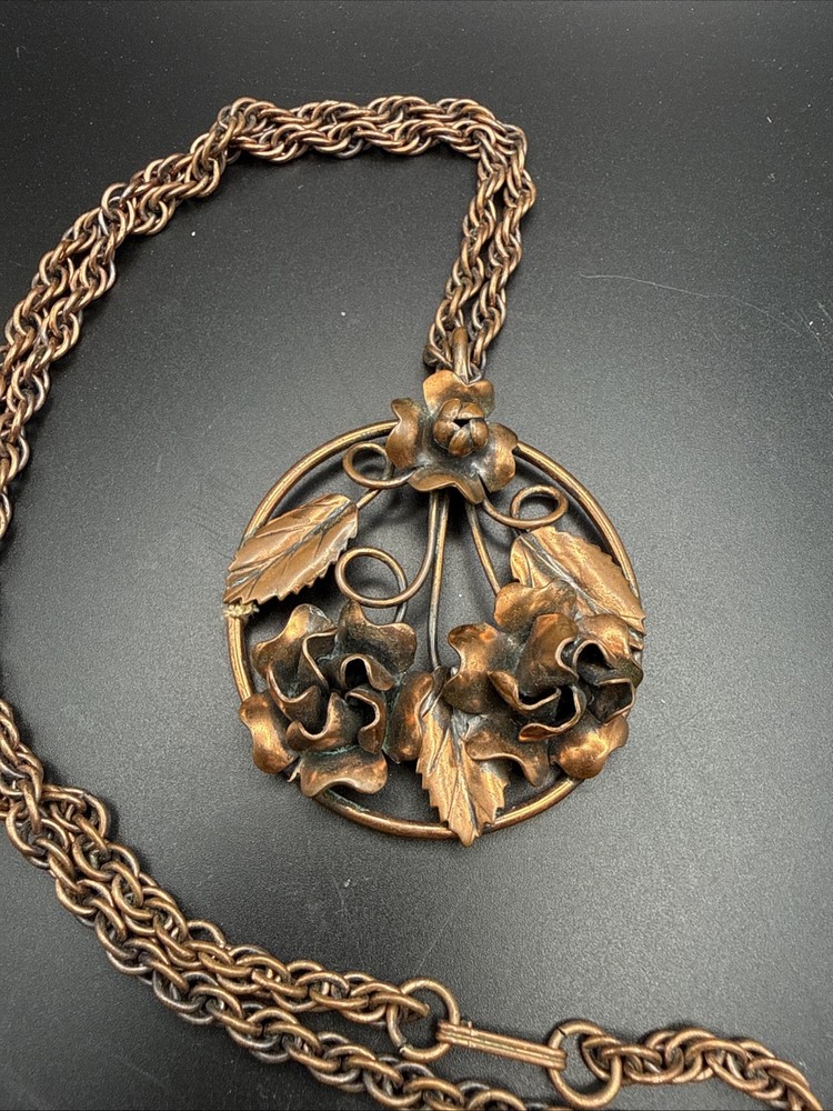 Vintage Copper Floral Pendant Necklace 24” Chain