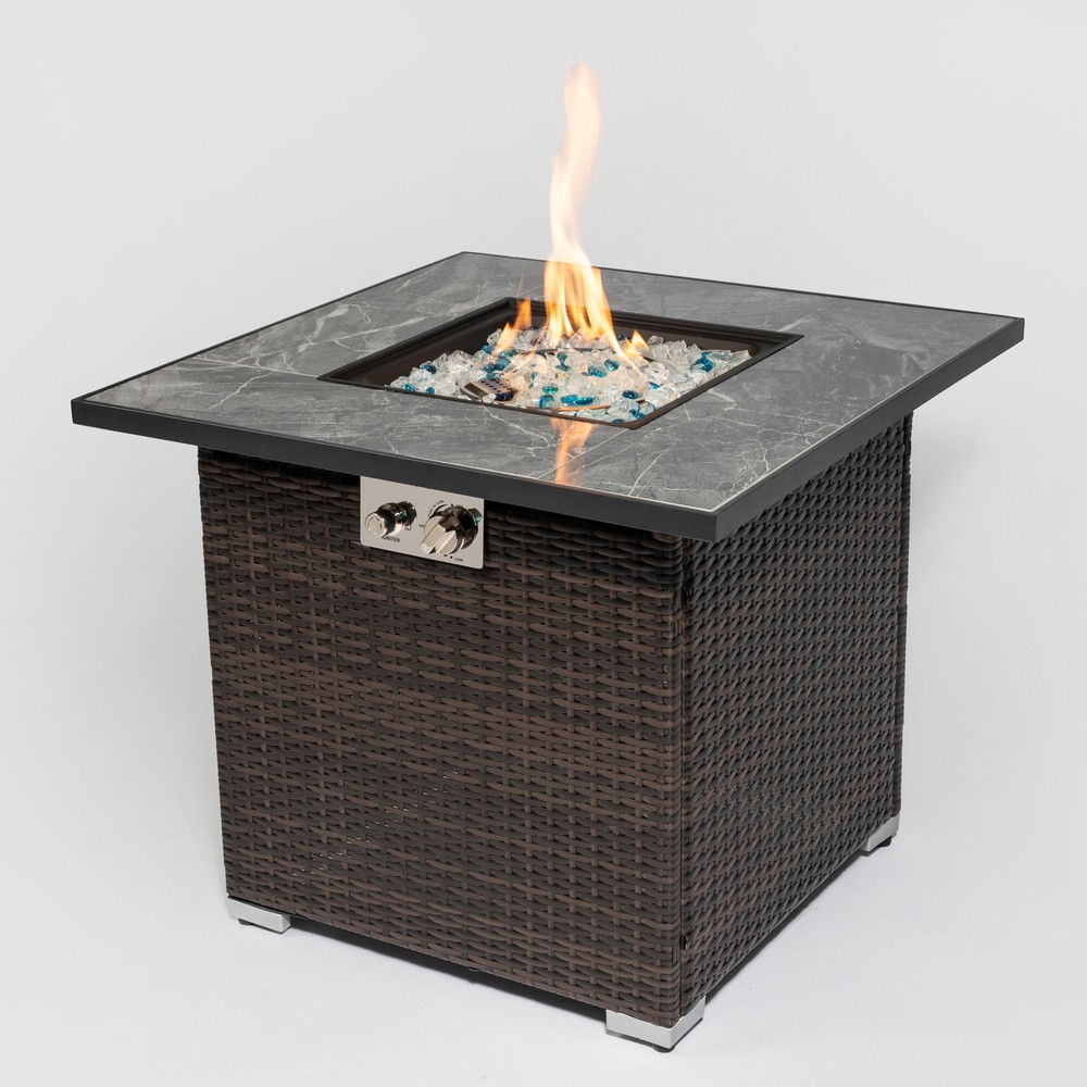 30 Inch Outdoor Propane Fire Pit Table with Lid and Glass Rocks Rain Cover