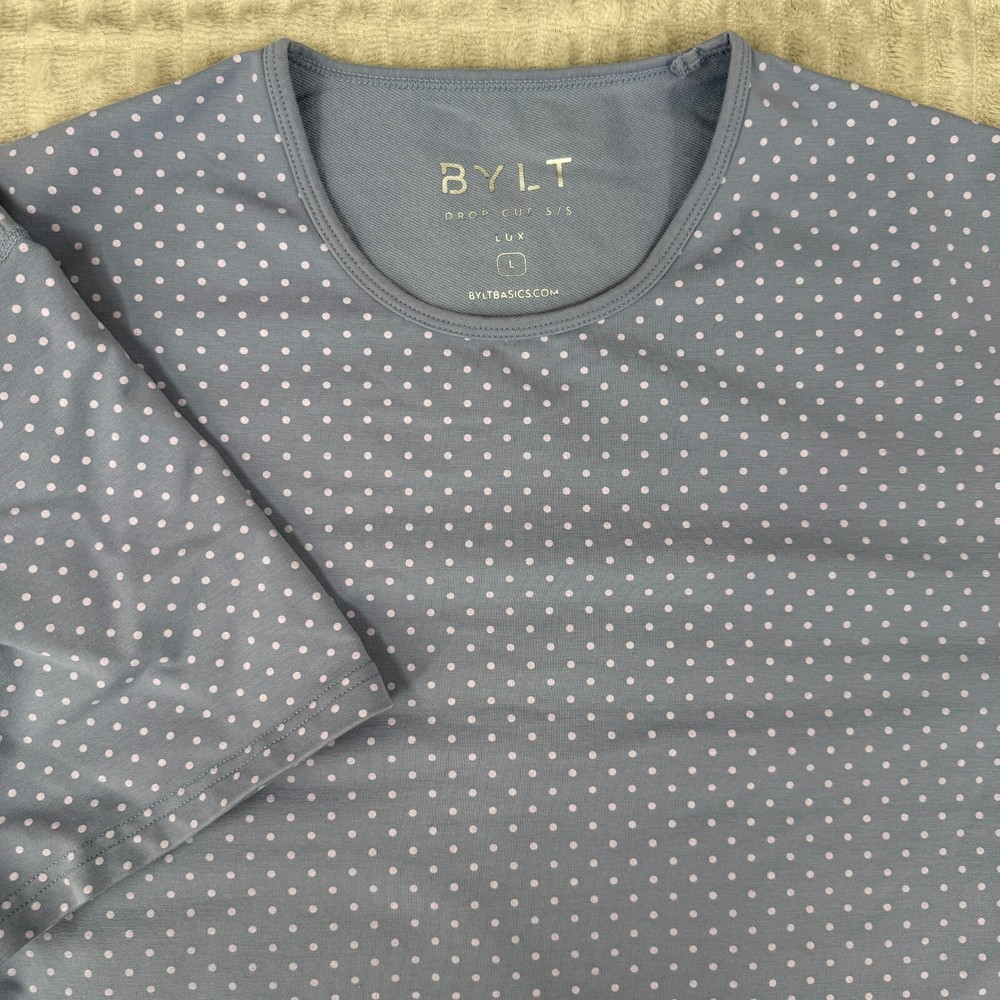 BYLT Shirt Men's Large Blue Drop Cut Lux Performance Stretch Curved Hem Athletic