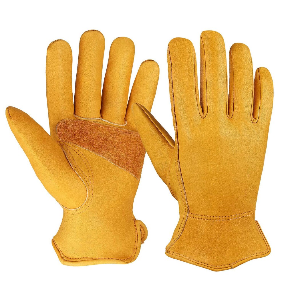 OZERO Flex Grip Leather Work Gloves with Stretch Wrist Durable Cowhide for Tough Jobs