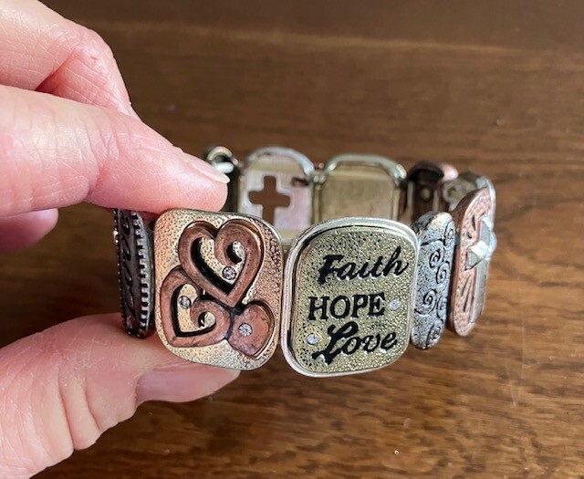 Silver Bronze & Gold Tone Faith Hope Love Elastic Bracelet