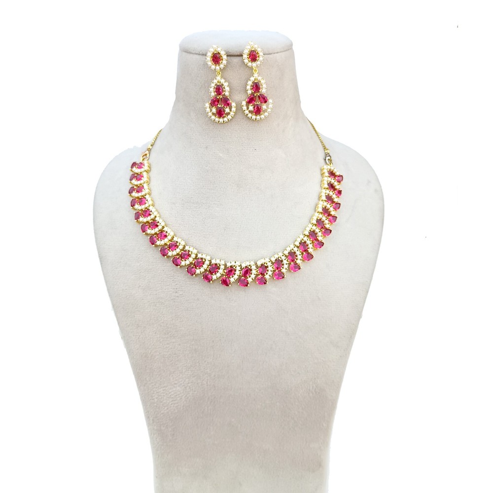 22k Gold Plated Red Ruby CZ Stone Necklace Earring Set, Wedding jewelry for Her