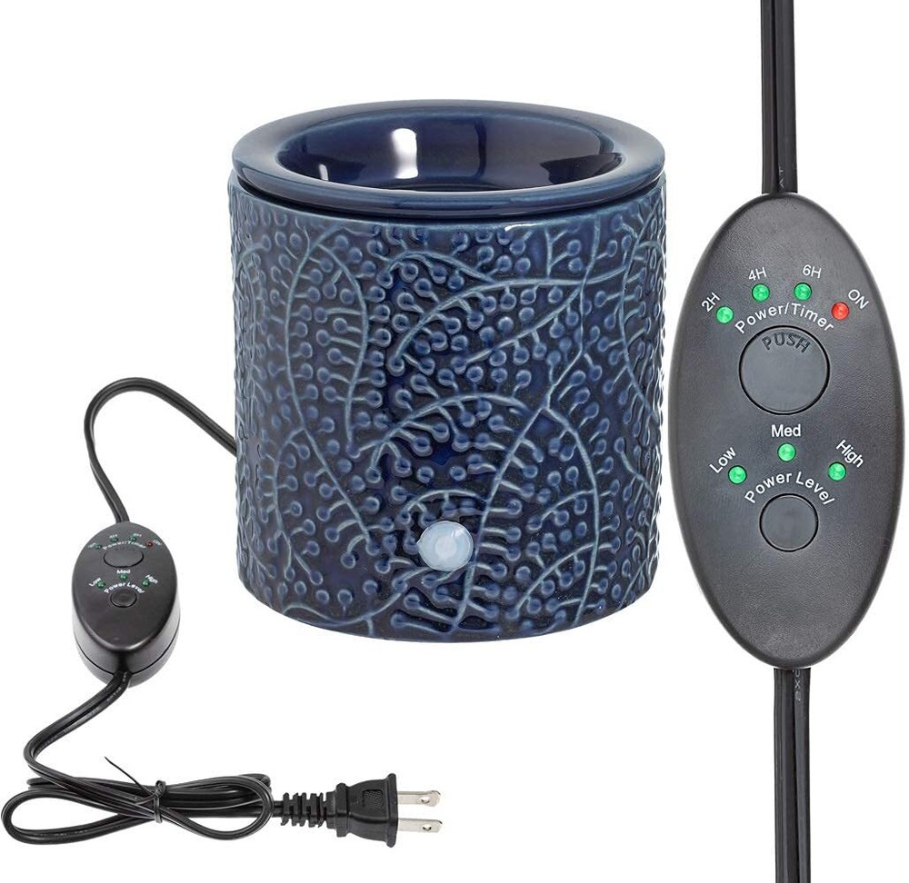Blue Leaf Ceramic Plug-In Candle Warmer with Auto Safety Timer and Fragrance Diffuser