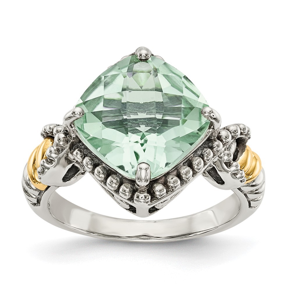 Sterling Silver with 14K Gold Accent Antiqued Green Quartz Cushion Ring Size 7