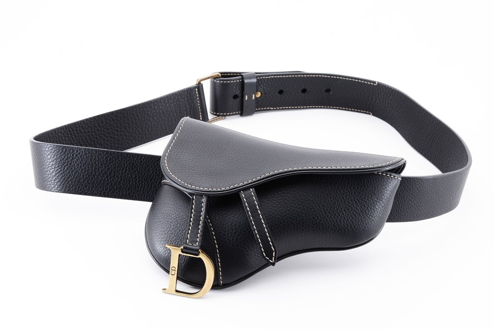 Christian Dior Saddle Belt Bum Bag Purse Black Leather [Rank A] Authentic