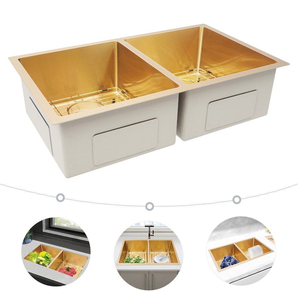 Double Bowl 304 Stainless Steel Kitchen Sink with Grid Drainer-image