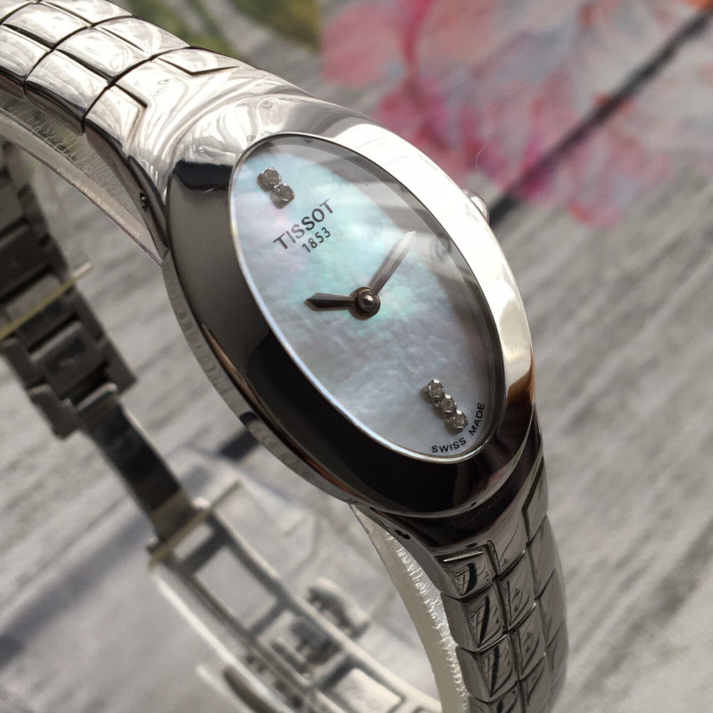 Tissot Swiss Ladies 22mm Steel Watch with Sapphire Glass Diamonds Mother of Pearl Dial