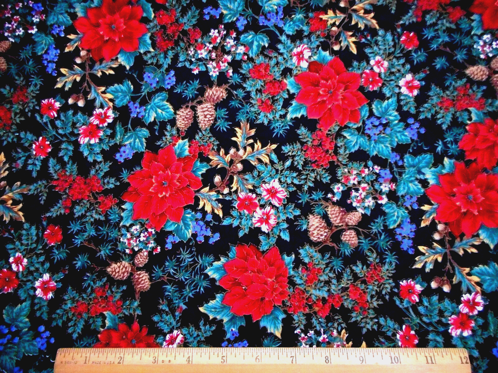 Christmas Fabric By Yard Red Poinsettias Floral Metallic Gold Black Cotton #18 C