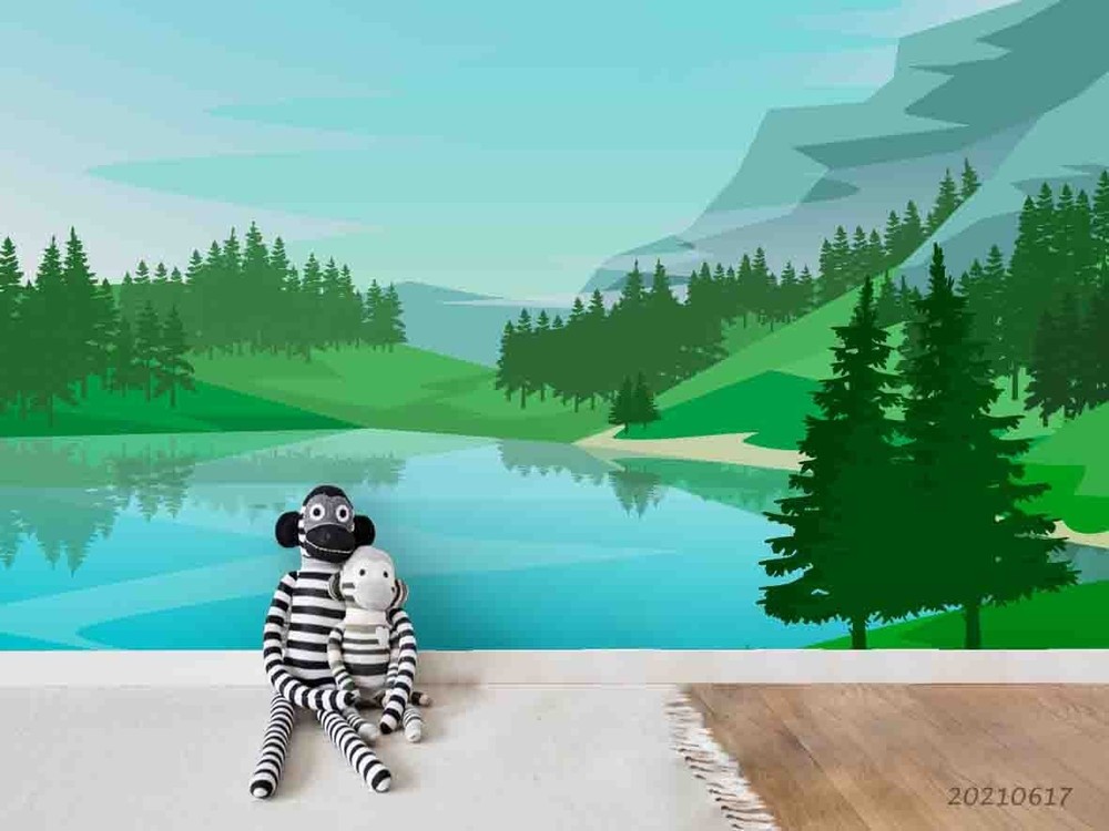 3D Mountain Forest Lake Illustration Wall Murals Wallpaper Murals Wall Sticker 2