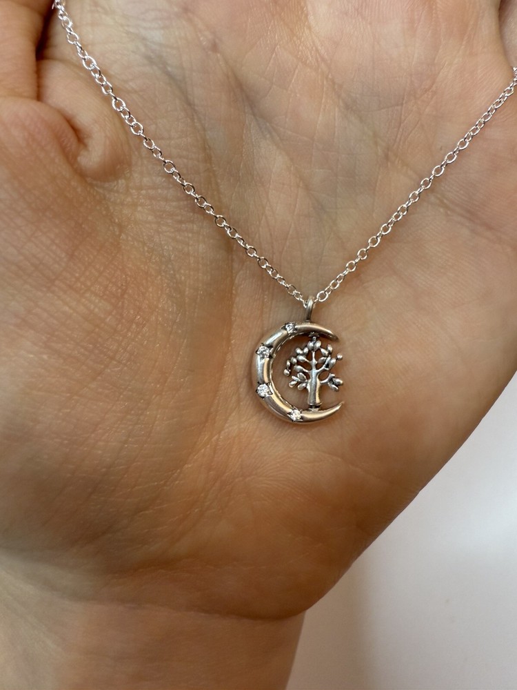 Pandora Moon and Spinning Tree Charm Necklace in Sterling Silver