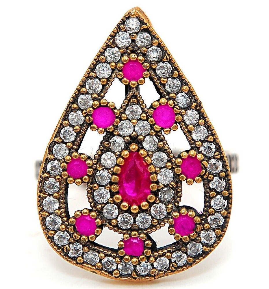 Exquisite Ottoman Empire Inspired 1CT Treated Ruby 925 Sterling Silver Ring Size 8 H1-1