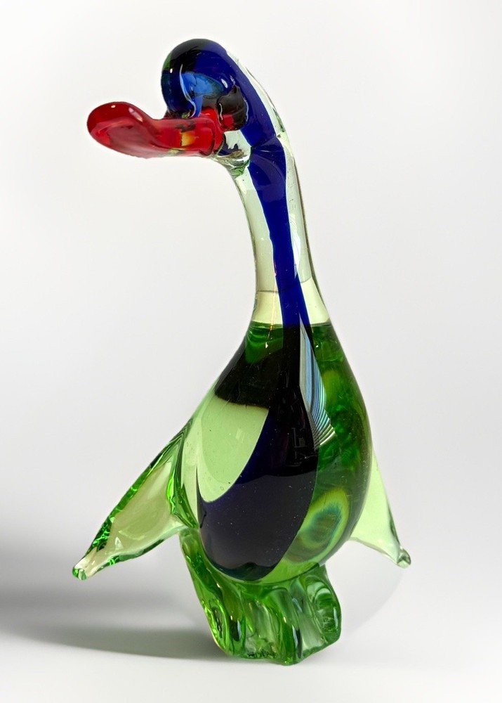 Vtg Murano Glass Duck Green Blue Red Venetian Sommerso Figurine Mid-Century 7.5