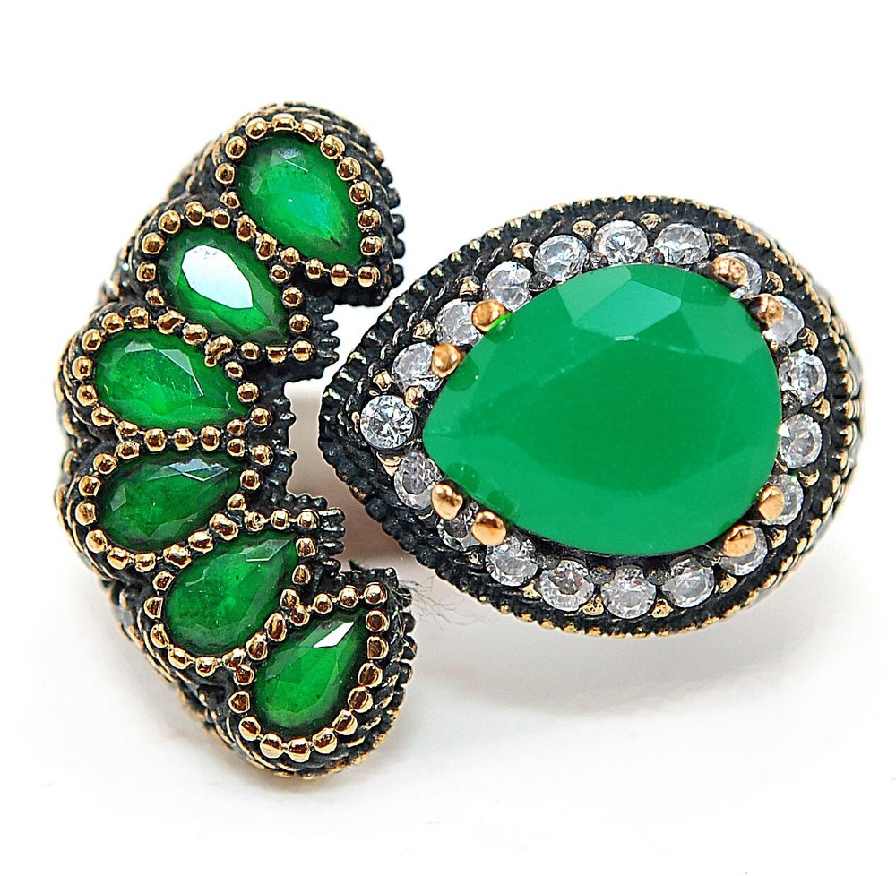 Exquisite Ottoman Empire Inspired 4CT Treated Emerald 925 Sterling Silver Ring Size 9 HB3-6 Perfect Gift Vintage Elegance