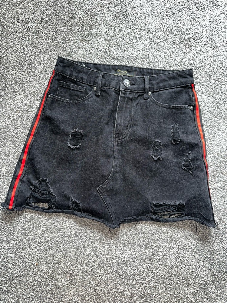 Womens Distressed Black Cotton Stretch Denim Skirt Size 6