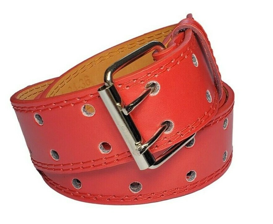 Genuine Leather Two Row Double Row Prong Holes Casual Red Belt