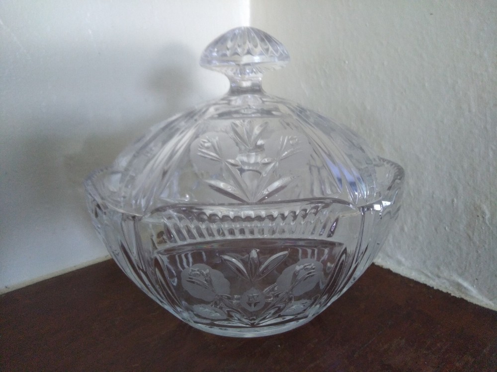 Vintage Floral Crystal Glass Candy Dish with Lid