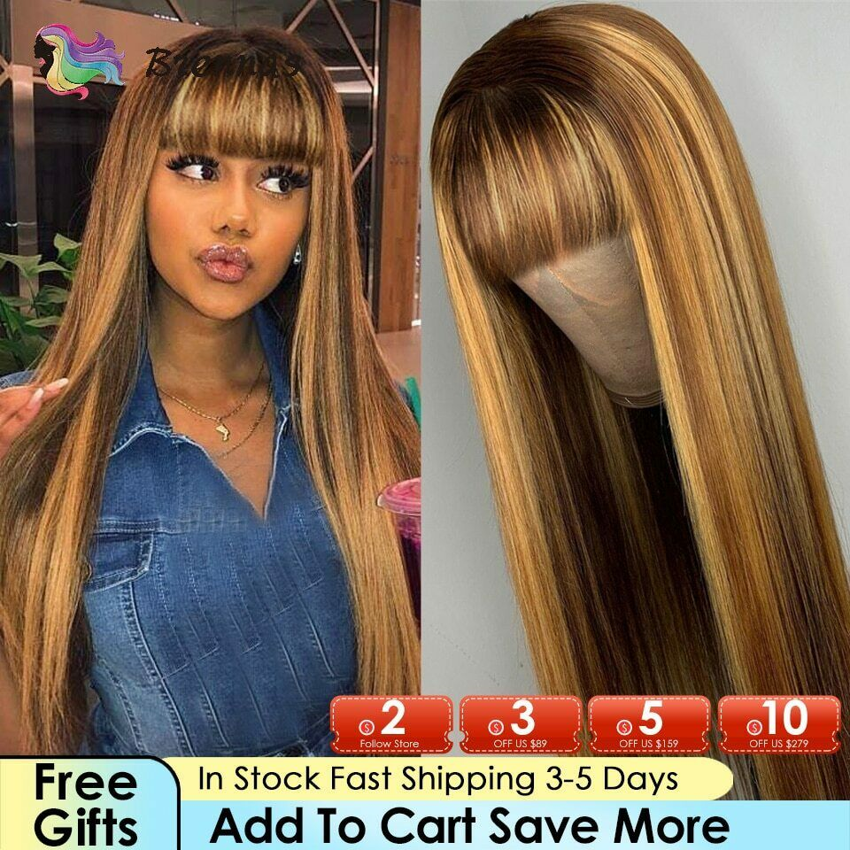 Remy Straight Human Hair Wig with Bangs Glueless Peruvian Highlight Lace Front