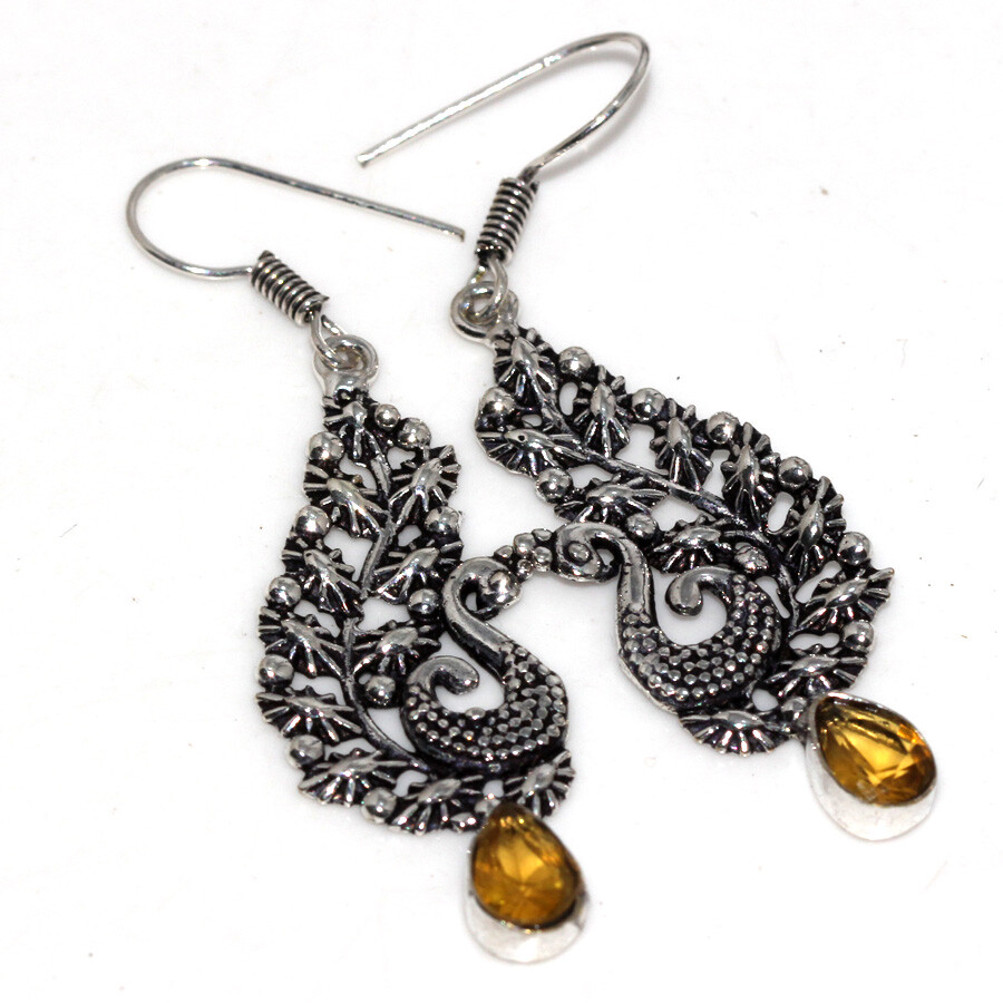 Handmade 925 Silver Plated Citrine Peacock Earrings Ethnic Jewelry 2