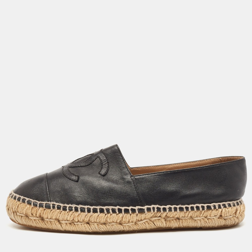 Chanel Black Leather CC Cap Toe Espadrille Flats Size 39 EU