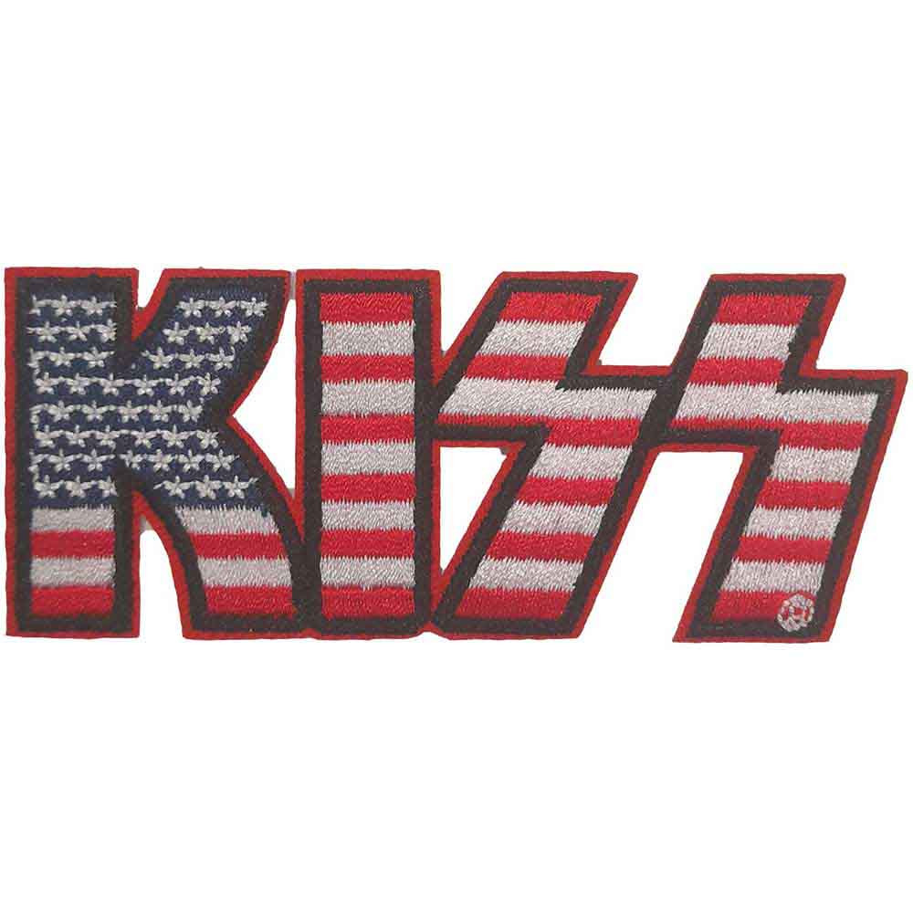 KISS Patch American Flag Band Logo new Official Red Woven Iron On 40 x 95mm Size