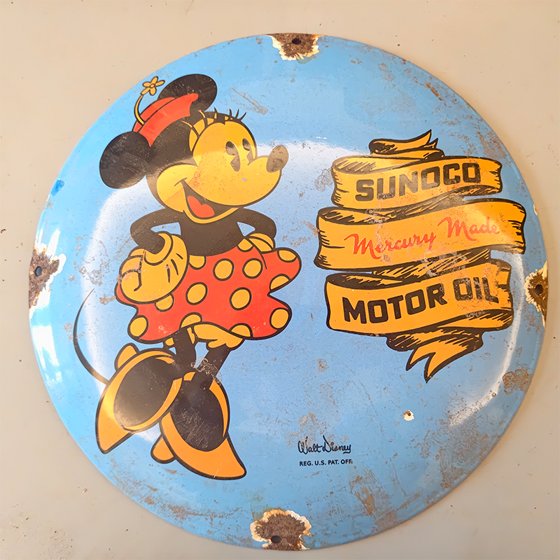 VINTAGE SUNOCO MOTOR OIL MINNIE MOUSE DISNEY ROUND PORCELAIN ENAMEL SIGN 12inch