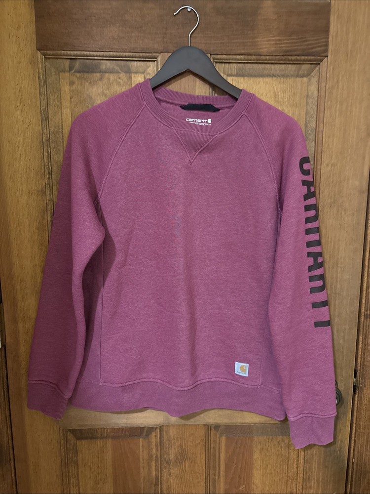 Carhartt Women’s Relaxed Fit Crewneck Sweatshirt Size M Mauve Logo Sleeve