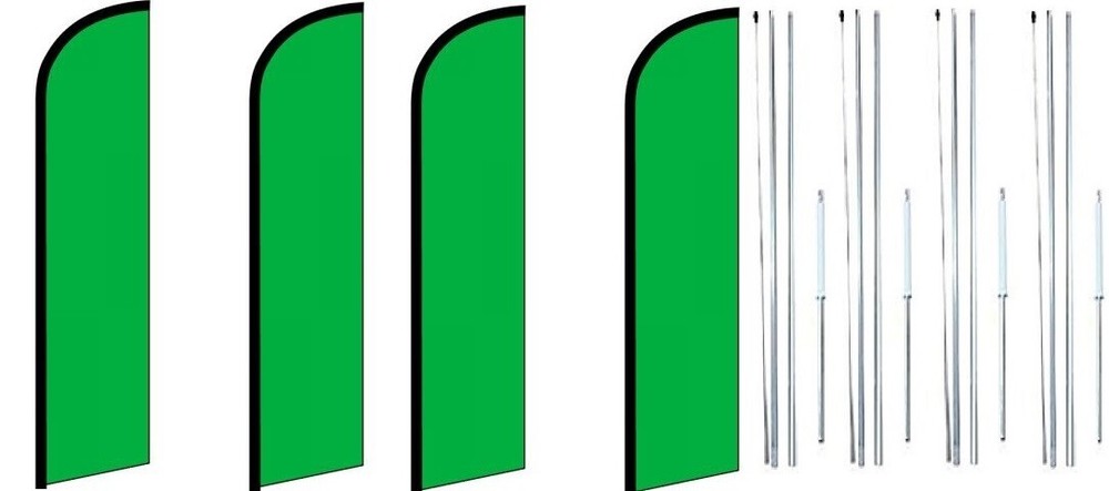Green Solid Color Windless Flag With Complete Hybrid Pole set- 4 pack