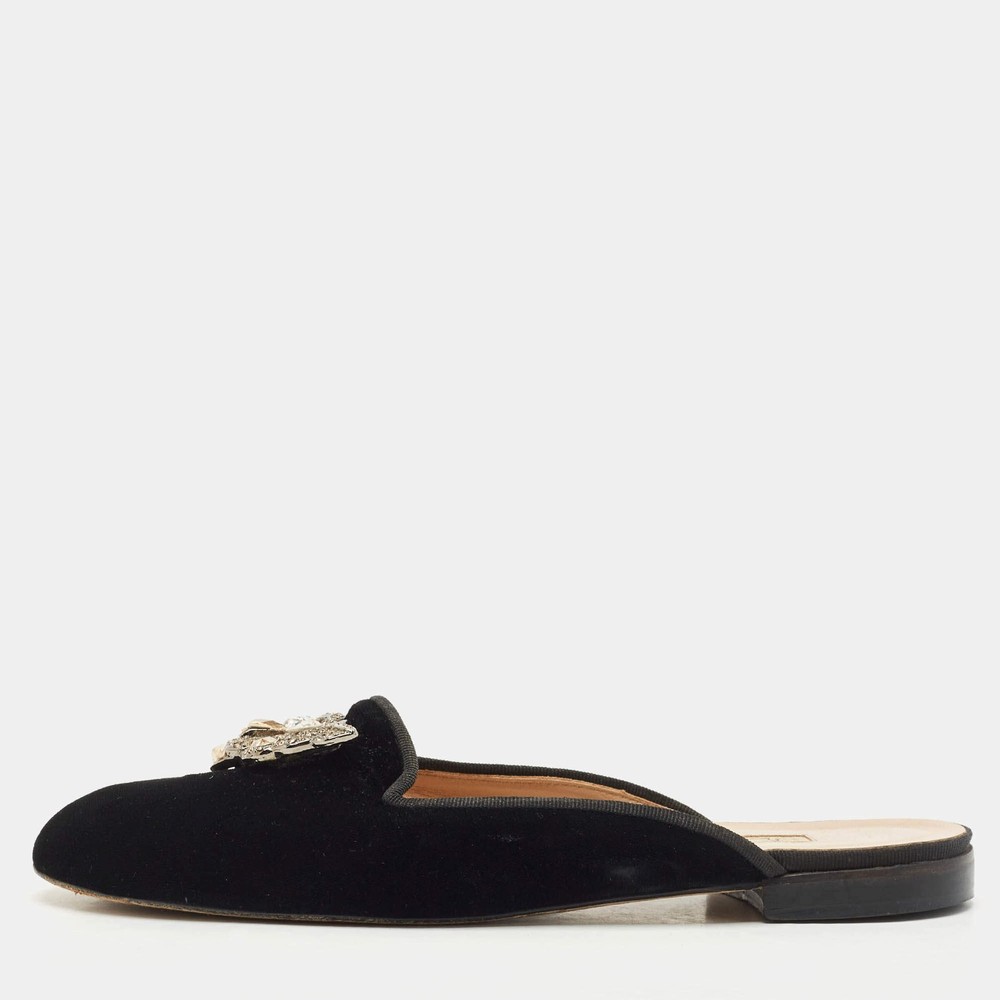 Oscar de la Renta Black Velvet Crystals Embellished Flat Mules Size 41