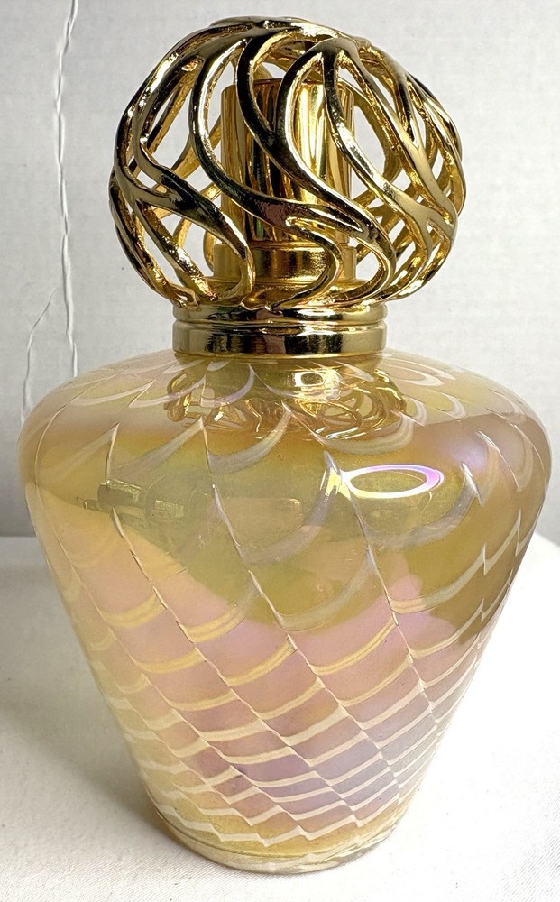 Gold And White Iridescent Swirl Art Glass Wick Fragrance Oil Diffuser Burner