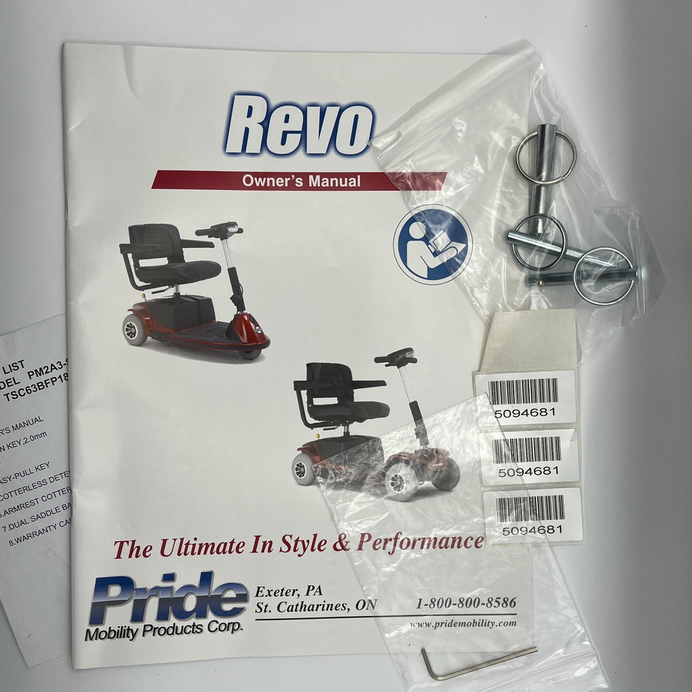 Vintage Owner's Manual REVO Pride 3-wheel Mobility Scooter w/ 3 Cotterless pins