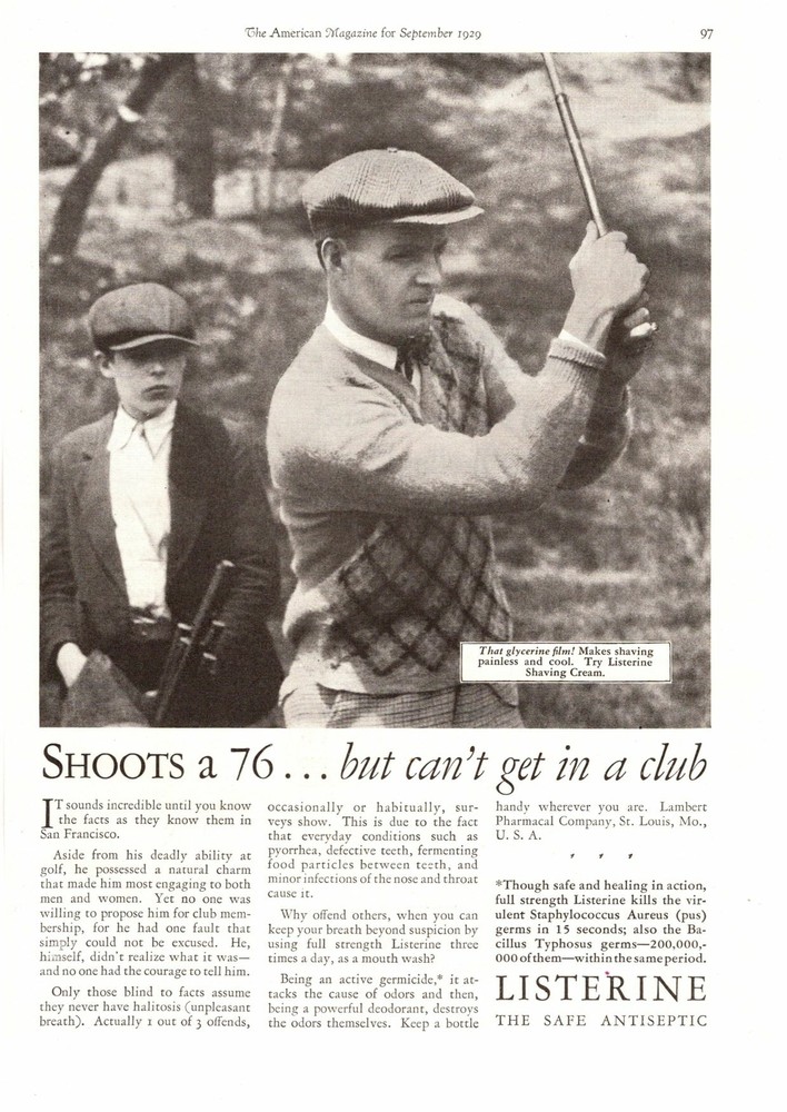 1929 Listerine Antiseptic Mouthwash Bad Breath Golfer Can't Get In Club Print Ad