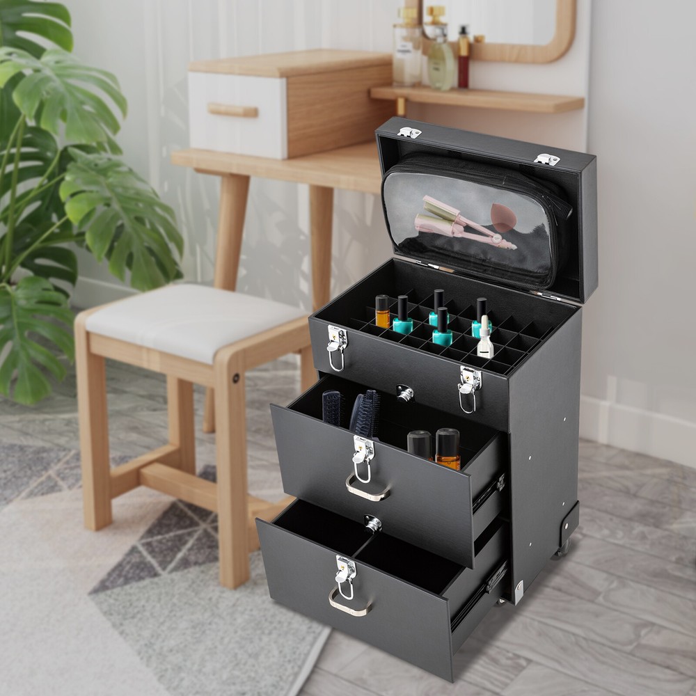 Rolling Makeup Train Case Aluminum Salon Cosmetic Trolley Organizer Box+Drawer