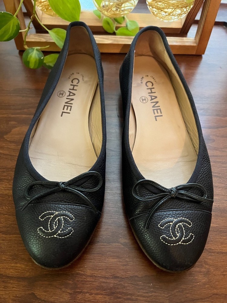 Chanel caviar leather dark navy size 37.5 ballet flats