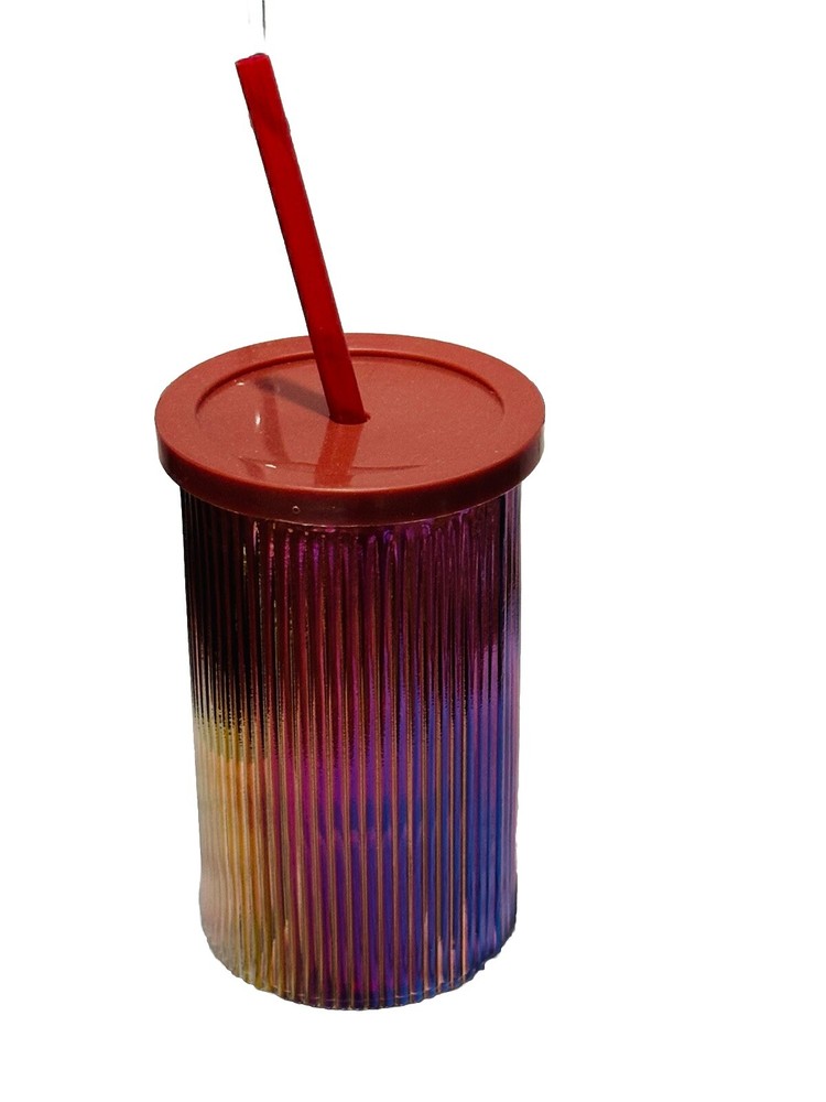 16.9 oz Fluted Glass Tumbler with Lid and Multicolor Glass Straw
