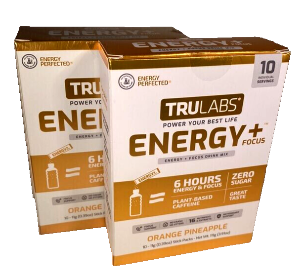2 Packs Trulabs Energy + Focus Drink Mix Orange Pineapple - 20 Sticks  Exp 05/25