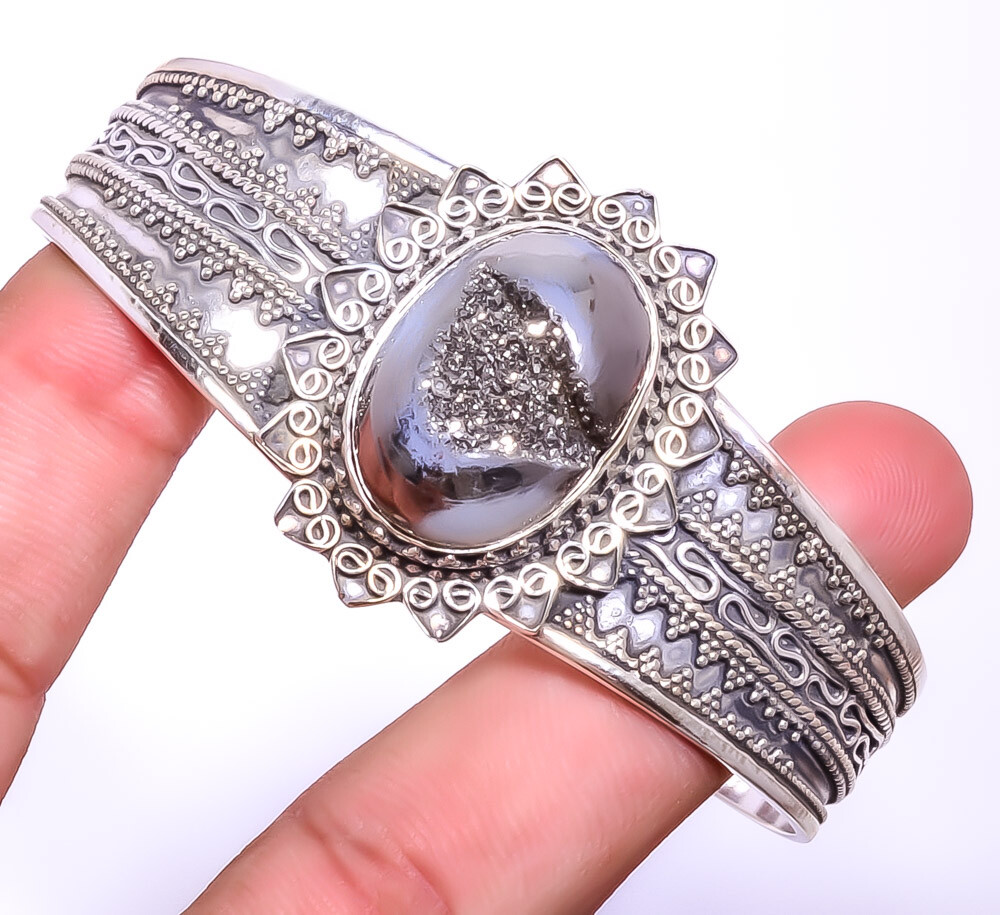 Titanium Carbon Agate Drusy Gemstone 925 Sterling Silver Cuff Adst. T22 A32