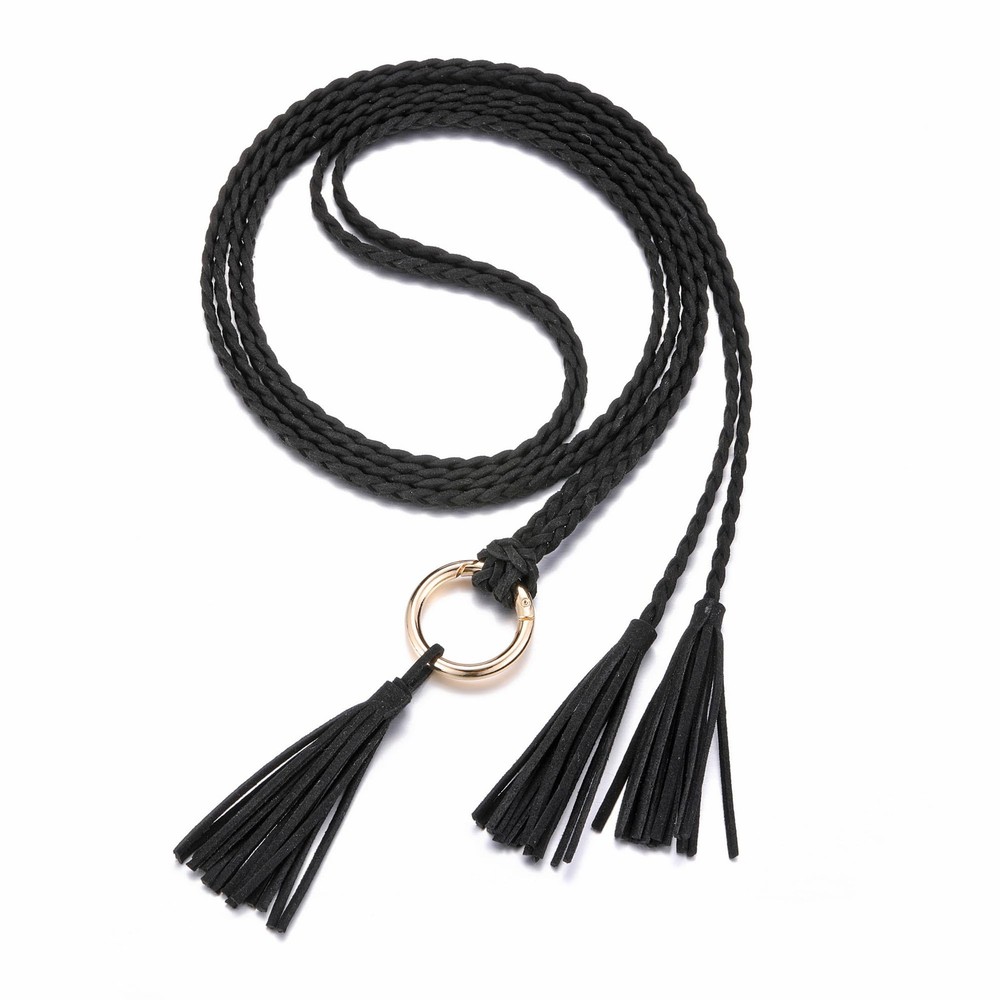 Women's Tassel Braided Rope Belt Skinny Woven Belt for Dress PU Leather Waist...