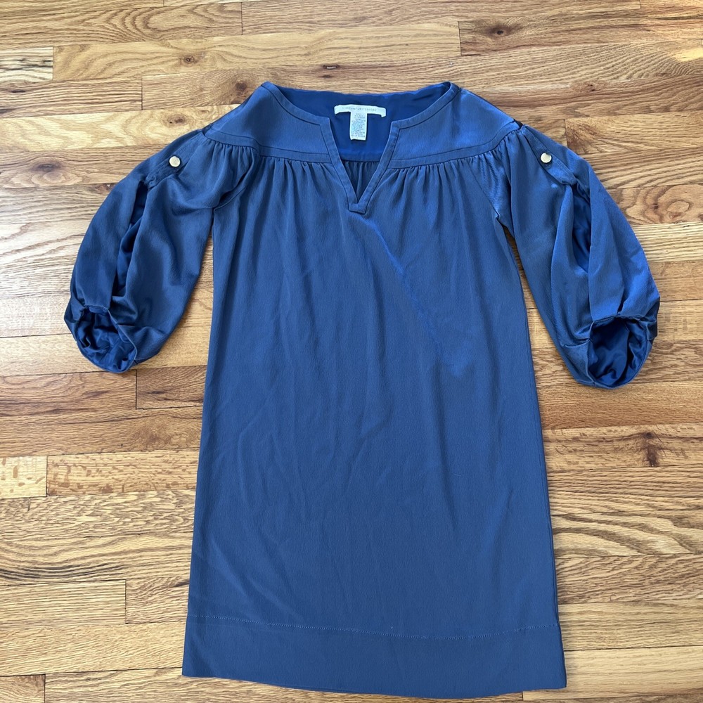 Diane von Furstenberg Risette Sz 4 Silk Keyhole Sleeve Tunic Dress Steel Blue