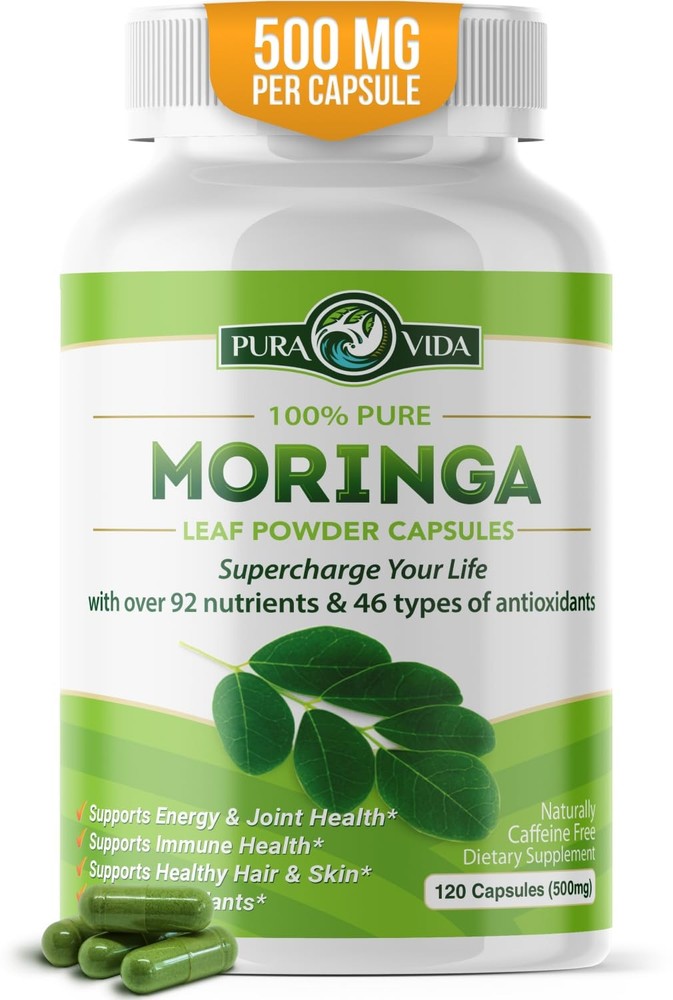 Pura Vida Moringa Capsules 120 Count for Natural Wellness Boost