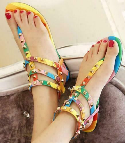Rainbow Women's Rivet Sandals Shoes Flip-Flop Colorful T-Strap Flat Roman Buckle