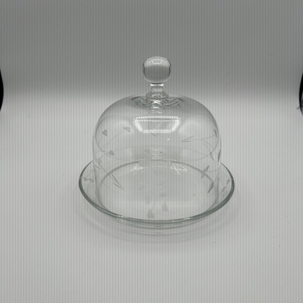 Duiske Irish Hand-Cut Crystal Butter Dish with Shamrocks & Harp Design 6.75 Inches