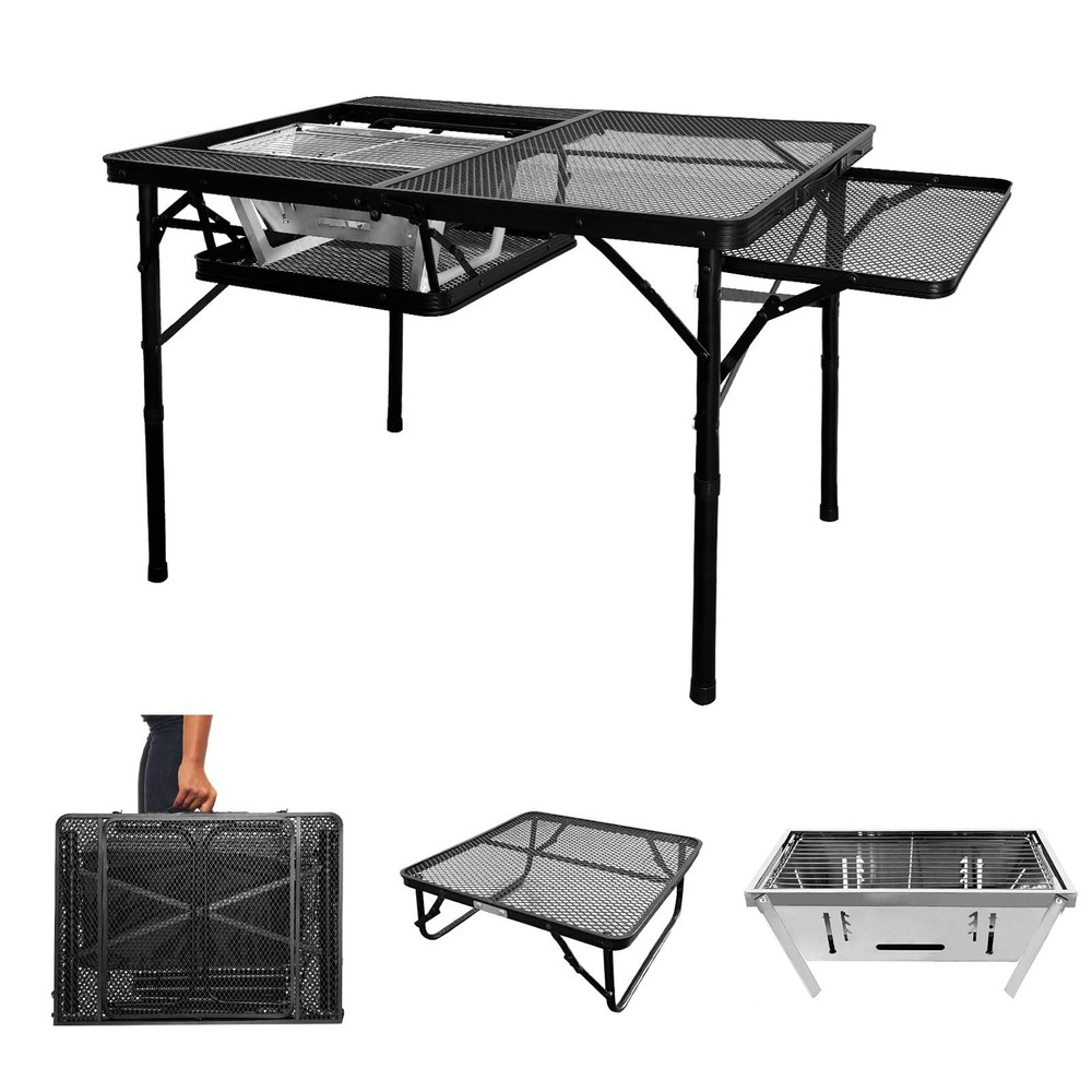 4ft Adjustable Height Folding BBQ Table with Wing Plate and Small Shelf